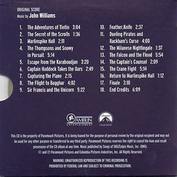 The Adventures of Tintin: The Secret of the Unicorn Soundtrack (John Williams) - CD Back cover