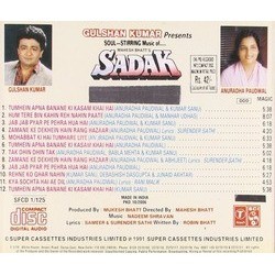 Sadak Soundtrack (Shravan Rathod, Nadeem Saifi) - CD Back cover