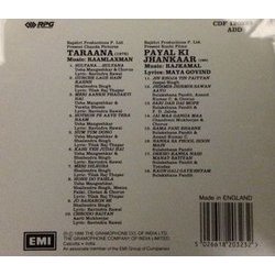 Taraana / Payal Ki Jhankaar Soundtrack (Raamlaxman , Various Artists, Maya Govind, Raj Kamal, Tilak Raj Thapar, Ravinder Rawal) - CD Back cover
