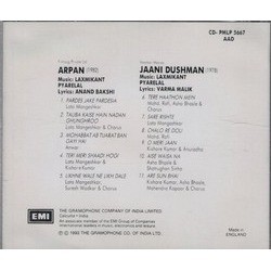 Arpan / Jaani Dushman Soundtrack (Various Artists, Anand Bakshi, Varma Malik, Laxmikant Pyarelal) - CD-Rückdeckel