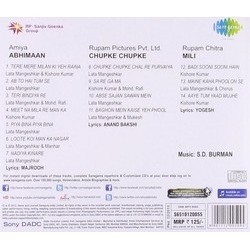 Abhimaan / Chupke Chupke / Milli Ścieżka dźwiękowa (Yogesh , Various Artists, Anand Bakshi, Sachin Dev Burman, Majrooh Sultanpuri) - Tylna strona okladki plyty CD