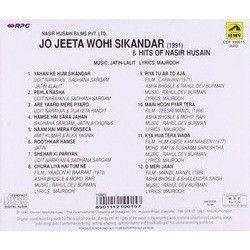 Jo Jeeta Wohi Sikandar and Hits of Nasir Hussain Ścieżka dźwiękowa (Majrooh , Jatin Lalit) - Tylna strona okladki plyty CD