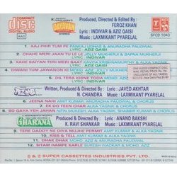 Dayavan / Tezaab / Gharana サウンドトラック (Indeevar , Javed Akhtar, Various Artists, Anand Bakshi, Laxmikant Pyarelal, Aziz Qaisi) - CD裏表紙