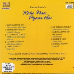 Kaho Naa... Pyaar Hai Colonna sonora (Vijay Akela, Various Artists, Ibraham Ashq, Saawan Kumar Tak, Rajesh Roshan) - Copertina posteriore CD