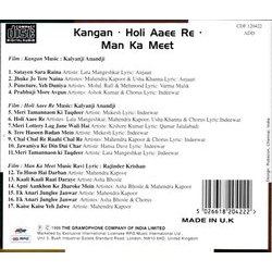 Kangan / Holi Ayee Re / Man Ka Meet Ścieżka dźwiękowa (Ravi , Kalyanji Anandji, Various Artists) - Tylna strona okladki plyty CD