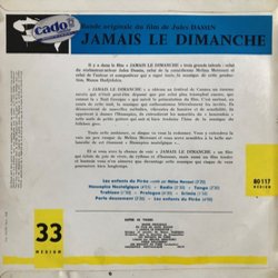 Jamais le Dimanche Ścieżka dźwiękowa (Manos Hatzidakis) - Tylna strona okladki plyty CD