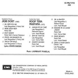 Jigri Dost / Roop Tera Mastana Soundtrack (Various Artists, Anand Bakshi, Asad Bhopali, Varma Malik, Laxmikant Pyarelal) - CD Achterzijde