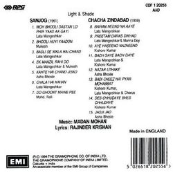 Sanjog / Chacha Zindabad Ścieżka dźwiękowa (Various Artists, Rajinder Krishan, Madan Mohan) - Tylna strona okladki plyty CD