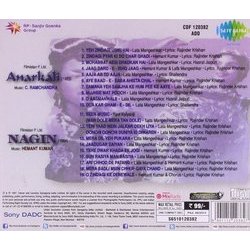 Anarkali / Nagin Ścieżka dźwiękowa (Hasrat Jaipuri, Rajinder Krishan, Hemant Kumar, Hemant Kumar, Lata Mangeshkar, C. Ramchandra, Shailey Shailendra) - Tylna strona okladki plyty CD