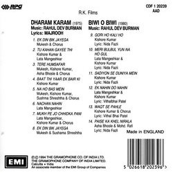 Dharam Karam / Biwi O Biwi サウンドトラック (Various Artists, Rahul Dev Burman, Nida Fazli, Vithalbhai Patel, Majrooh Sultanpuri) - CD裏表紙