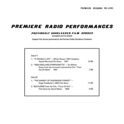 Premiere Radio Performances Ścieżka dźwiękowa (Hugo Friedhofer, David Raksin, Mikls Rzsa) - Tylna strona okladki plyty CD