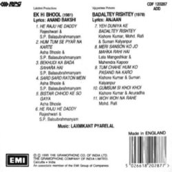 Ek Hi Bhool / Badaltey Rishtey サウンドトラック (Anjaan , Various Artists, Anand Bakshi, Laxmikant Pyarelal) - CD裏表紙